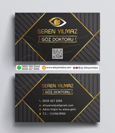 QR Kodlu, Çapraz Çizgili Geometrik Şekilli Göz Logolu Göz Doktoru Göz Hastanesi, Göz Kliniği Kartvizit Tasarım Örnekleri