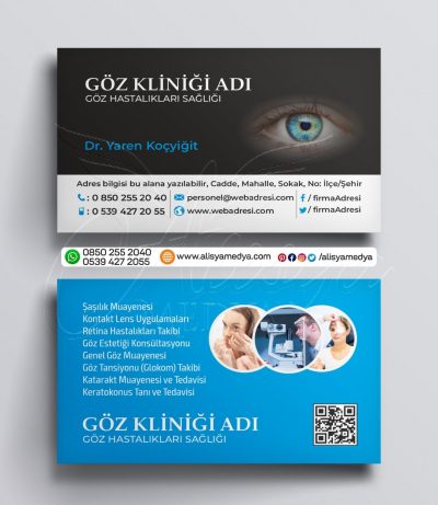 Göz Kliniği, Göz Hastanesi, Göz Doktoru İçin Tasarlanmış Göz Sağlığı Resimleri İçeren QR Kodlu Mavi Beyaz Siyah Renklerde Kartvizit Tasarım Örneği