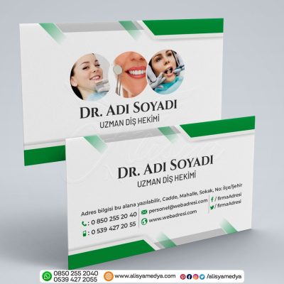 Ağız ve Diş Sağlığı Resimli Yeşil Renklerde Diş Kliniği / Diş Doktoru Kartvizit Tasarım Örneği