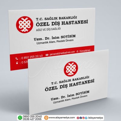 Sağlık Logolu, Kırmızı Beyaz Renklerde Profesyonel Özel Diş Hastanesi Kartvizit Örneği