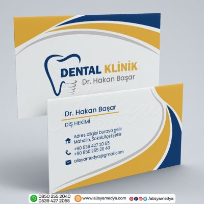 Beyaz Sarı Renklerde Dental Klinik Logolu Diş Hekimi Kartvizit Tasarım Örneği - Diş Kliniği Kartvizit Basımı