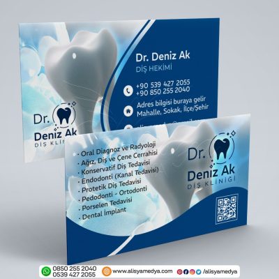 Büyük Diş Resimli Arkaplana Sahip, Dental Klinik Logolu Diş Doktoru Kartvizit Tasarım Örneği