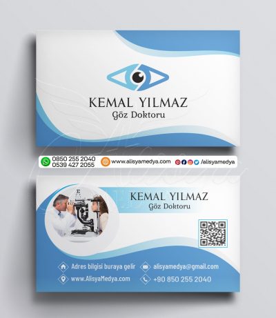 Pastel Mavi ve Beyaz Renklerde QR Kodlu Sağlık, Göz Doktoru, Göz Kliniği Kartvizit Tasarım Örneği